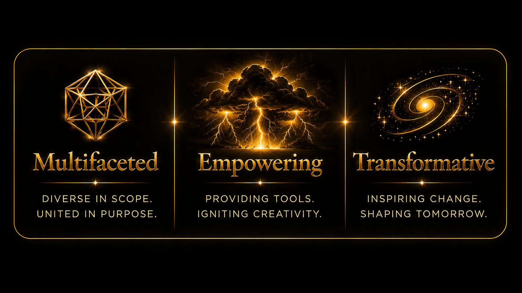 Multifaceted — Diverse in scope, united in purpose. Empowering — Providing tools, igniting creativity. Transformative — Inspiring change, shaping tomorrow.